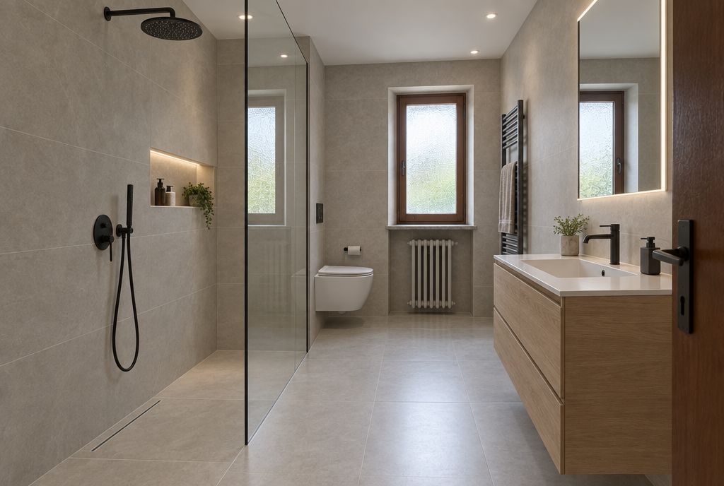Lo stesso bagno con doccia walk-in e mobile sospeso