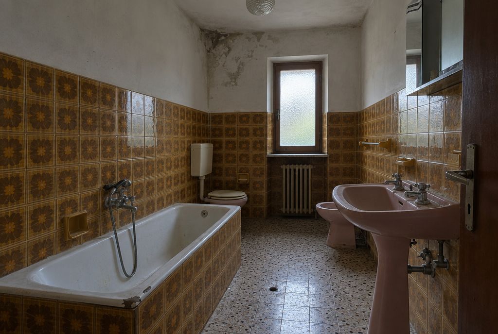 Bagno anni '70 con vasca e piastrelle marroni
