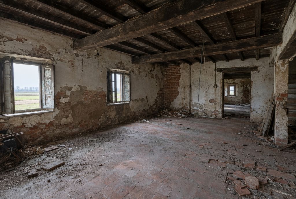 Stanza di cascina abbandonata con intonaco rovinato e travi scure